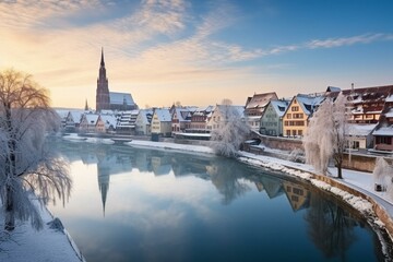 Fototapeta na wymiar Winter sunrise in Ulm city, with Danube river, blue sky, snow, Ulmer Minster, Metzgerturm tower, and panoramic long exposure. Generative AI