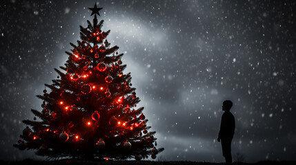 Boy looking at a Christmas tree - black and white with red color color splash - night - stars - low...