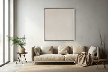 Empty frame on wall in contemporary living space, light beige tones. Generative AI