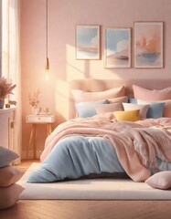 Cozy Bedroom in Pink and Blue Pastel Colors, Generative Ai