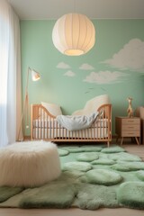 This minimalist scandinavian-style nursery offers a cozy atmosphere with its soft furnishings, muted tones, and warm lighting, perfect for a newborn to feel safe and sound in their own little home