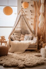 Fototapeta na wymiar This minimalistic yet cozy scandinavian nursery bedroom, with its crisp white walls and modern furniture, is the perfect space to create lasting memories with its soft bed, warm linens, plush pillows