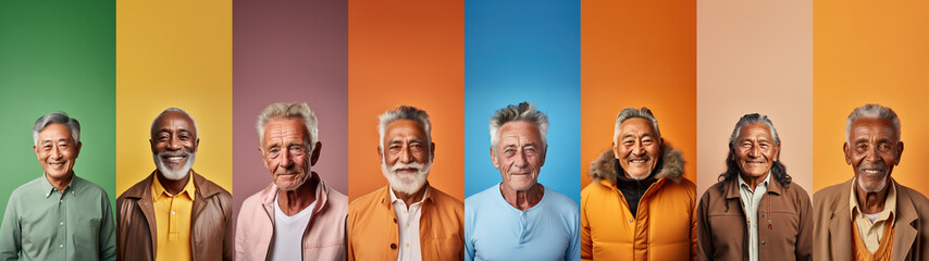 Collage of mixed race happy elderly men on bright backgrounds, panorama. Lot of smiling multicultural faces looking at camera. Human resource society database concept. - obrazy, fototapety, plakaty