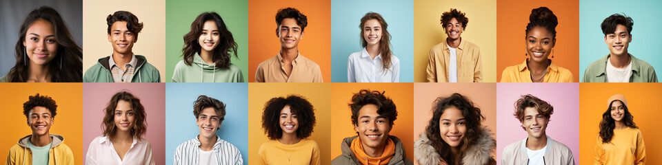 Collage of mixed race happy people on bright backgrounds, panorama. Lot of smiling multicultural faces looking at camera. Human resource society database concept. - obrazy, fototapety, plakaty