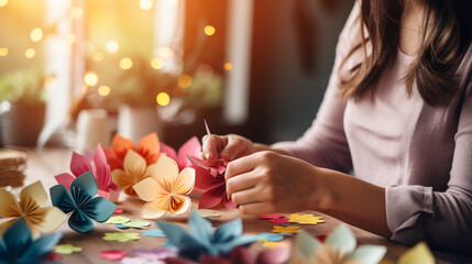 Mother and Child Crafting Paper Flowers for a DIY Project , with copy space, bokeh