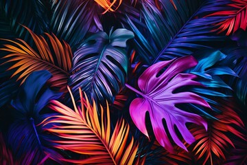 Vibrant, tropical, palm leaves form a neon-lit backdrop. Generative AI