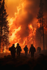 Fototapeta na wymiar Silhouette of a group of firefighters walking through the forest during a fire. Burning forest at night. Natural disaster. Fire in the forest. Inferno with forrest on fire.