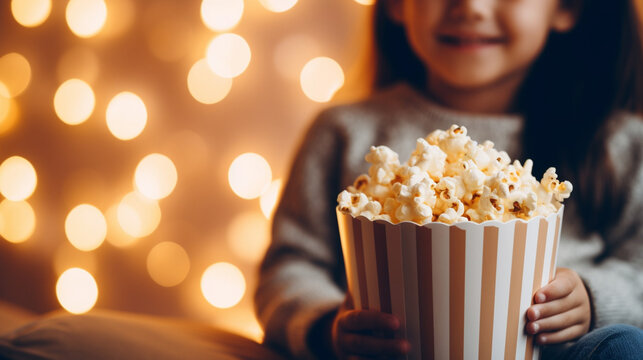 Mother and Child Enjoying a Movie Night with Popcorn , with copy space, bokeh