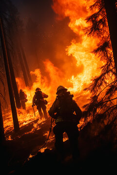 Establishing Shot: Team of Firefighters in Safety Uniform and Helmets Extinguishing a Wildland Fire, Moving Along a Smoked Out Forest to Battle Dangerous Ecological Emergency. Cinematic Footage