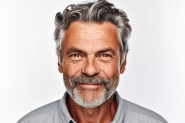 a closeup photo portrait of a handsome old mature man smiling with clean teeth. for a dental ad. guy with fresh stylish hair and beard with strong jawline. isolated on white background.