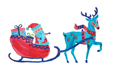 Christmas Santa Claus on sleigh with reindeer with gift box present. Hand painting acrylic, oil paints or gouache matte art isolated png icon. Funny doodle artistic kid style. Brush strokes texture