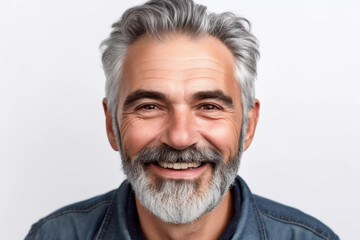 a closeup photo portrait of a handsome old mature man smiling with clean teeth. for a dental ad. guy with fresh stylish hair and beard with strong jawline. isolated on white background.