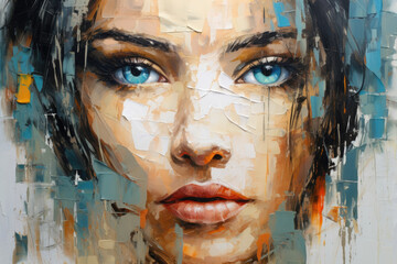 Person with a painted face and beautiful blue eyes: Abstract Oil Painting of a Beautiful Girl, A Deep Dive into the Textures and Strokes of Palette Knife on Canvas