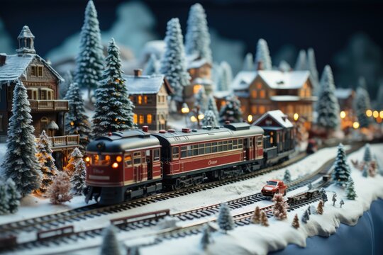 train going through snowy Winter village in Christmas day, generative ai