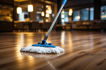 Close up of a mop cleaning a wooden floor in a restaurant. generative AI