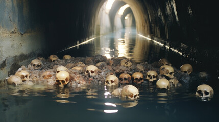 Horror scene of floating human skulls in a sewer tunnel, skeletal remains adrift down the waterway, scary death and decay, Skelephobia and aquaphobia. 