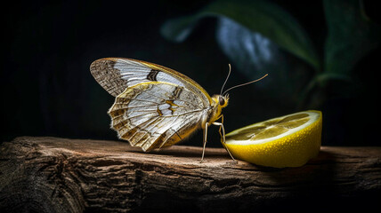 Papillon sur un morceau de bois avec un morceau de citron
