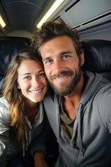 Young couple taking a selfie on the airplane during flight around the world. Generative AI