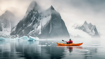 Distant view of sea kayaker and iceberg. Sea kayak floating towards an iceberg on a glacier lagoon