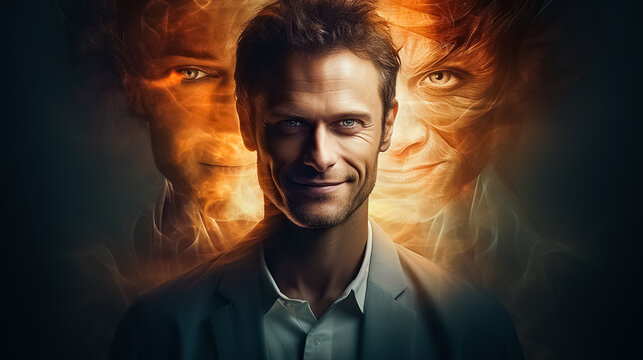 Comical conceptual shot of a male getting advice from both an angel and a devil