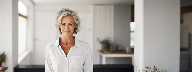 Portrait stylish elegant mature middle aged woman posing indoors, cute smiling scary lady with gray hair looking at camera. Copy space - obrazy, fototapety, plakaty
