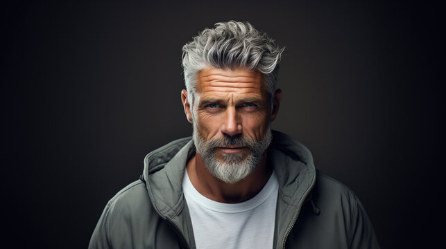 Closeup photo portrait of a handsome old mature man smiling with clean teeth. Guy with fresh stylish hair and beard with strong jawline. Isolated on grey background.