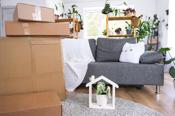 Boxes with things for moving and house plants are in the room of the new house. Housewarming, family property, cargo transportation and delivery of things