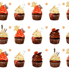 Watercolor Halloween seamless pattern illustration. Funny Halloween print with lollypops, candy corn, cakes and pumpkin  isolated on white background. Creepy 31 of October holiday wallpaper.