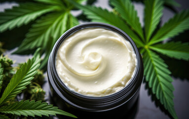 Close up of legal CBD cannabidiol topical cream for wellness, skincare, pain releif and anti-inflamatory applications next to marijuana leaves. - obrazy, fototapety, plakaty