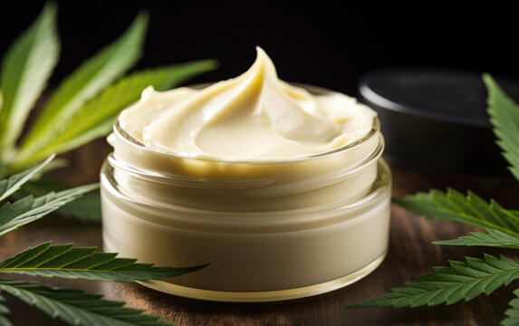 Close up of farmaceutical CBD cannabidiol topical cream for wellness, skincare, pain releif and anti-inflamatory applications next to marijuana leaves.