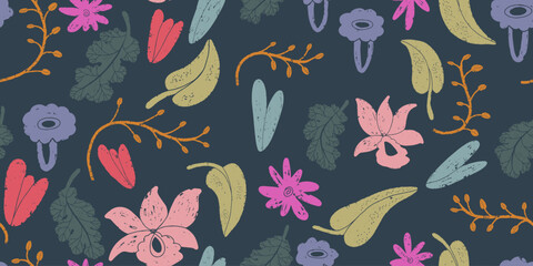 Stylized textured leaves and flowers in linocut style. Vector seamless, overlapping, repeating pattern.