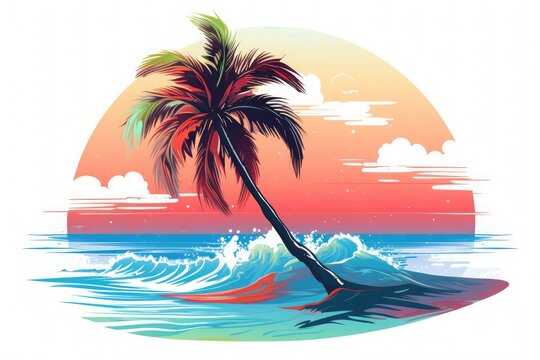 Summer background with sunset and palm trees