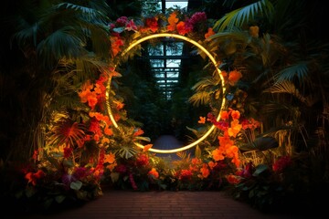 Vibrant neon frame enveloped by lush tropical plants in yellow and orange. Generative AI