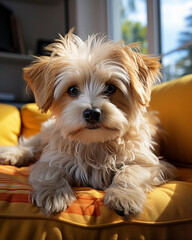 nice dog at home. Cozy moments with pets. Close up, copy space, background