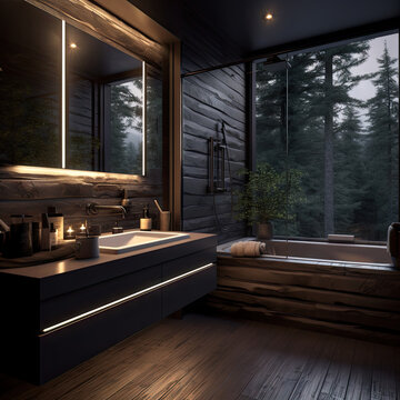 a dark hyper modern log cabin bathroom interior in the woods