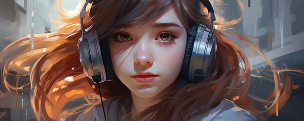 Pretty young girl with headphones on her ears. Generative AI.