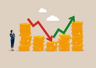 Businesswoman standing near coin piles and arrow red green graph chart up and down. Risk, fluctuation in stock market and cryptocurrency. Analyze data, profit and Company growth. 