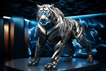 Fototapeta na wymiar Tiger-like robot in a high-tech environment with dramatic lighting and artistic wall design. Generative AI