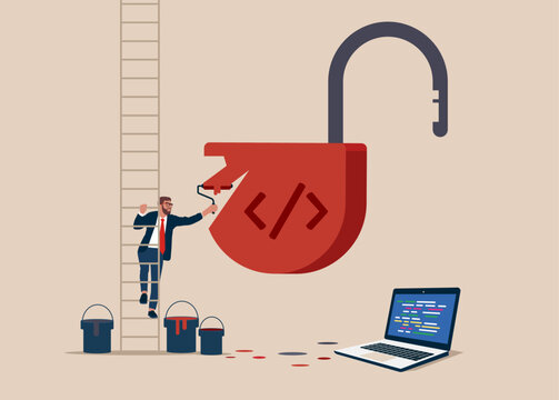 Software engineer climb up ladder to paint a unlock lock. Open source programming. Vector illustration. 