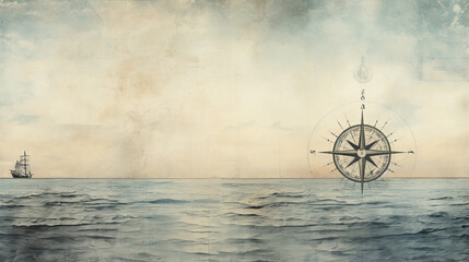 Ancient old compass on the vintage map background. Adventure, discovery, navigation, geography, education, pirate and travel theme concept background. History and geography team. Retro stale.