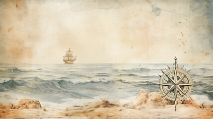 Ancient old compass on the vintage map background. Adventure, discovery, navigation, geography, education, pirate and travel theme concept background. History and geography team. Retro stale.