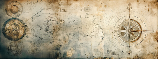 Obraz premium Abstract background on the theme of travel, adventure and discovery. Old hand drawn map with vintage sailing yachts, wind rose, routs, nautical symbols and handwritten inscriptions