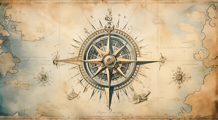 Fototapeta premium Vintage compass background. Adventure, discovery, navigation, geography, education, pirate and travel theme concept background. History and geography team. Retro style.