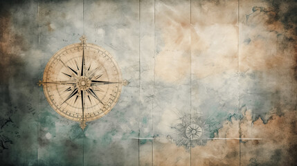 Ancient old compass on the vintage map background. Adventure, discovery, navigation, geography, education, pirate and travel theme concept background. History and geography team. Retro stale.