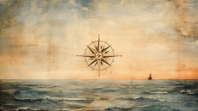 Vintage compass background. Adventure, discovery, navigation, geography, education, pirate and travel theme concept background. History and geography team. Retro style.