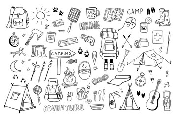 Cute set of camping and hiking elements in doodle style. Picnic, travel accessories and equipment. Travel design. Adventure. Hand drawn. Vector illustration isolated on white background.