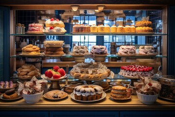 An assortment of baked goods showcased in a bakery's front display, featuring a variety of cakes and pies frosted with icing on shelves. Generative AI