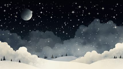 Falling snow. White splash on blue background. Winter snowfall hand drawn spray texture. Forest during a snow storm at night. Christmas tree. Universe, cosmos, outer space.