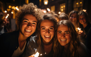 Fototapeta premium Group of cheerful young people carrying sparklers and champagne flutes. Generative AI