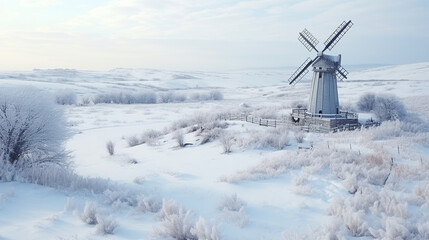 Aerial view to old wind mill in winter. Relative of windmill eco-friendly energy production - obrazy, fototapety, plakaty